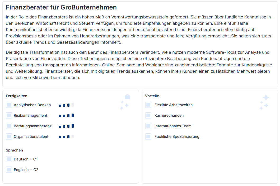 Der Screenshot zeigt den Stellenanzeigen-Editor, in dem Jobbeschreibung, geforderte Fertigkeiten, Sprachen und angebotene Vorteile für die Position "Finanzberater" konfiguriert werden.
