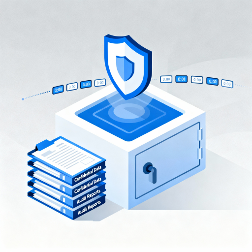 Digitale Archiv- und Datensicherheit symbolisiert durch einen gesicherten digitalen Tresor mit Schild-Icon, das DSGVO-konforme Speicherung, automatisierte Aufbewahrungsfristen und lückenlose Audit-Trails für HR-Dokumente darstellt.