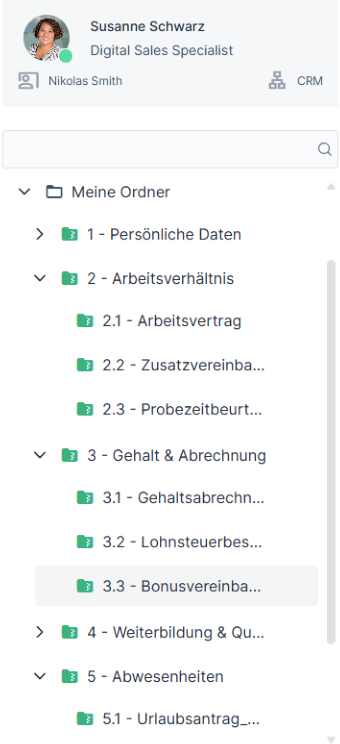 Screenshot der digitalen Mitarbeiter-E-Akte für Susanne Schwarz, zeigt eine detaillierte Ordnerstruktur der HR-Dokumente, was das Template-Management und die individuellen Berechtigungen illustriert.