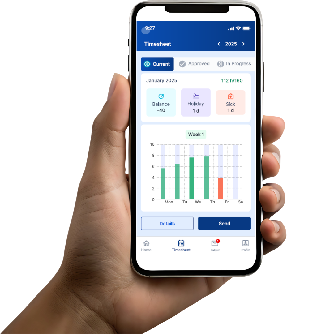 Mobile Ansicht der KAN-ONE Zeiterfassung mit Wochenübersicht (Balkendiagramm) und Saldoanzeigen, beworben als einfache und transparente Lösung für Arbeitszeiten und Abwesenheiten.