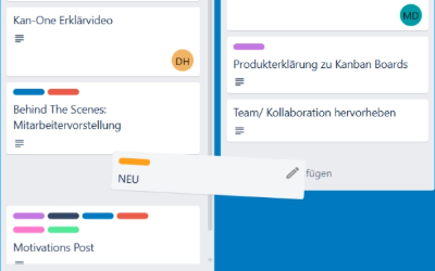 Screenshot eines digitalen Kanban-Boards, das Aufgabenkarten mit Labels, Titeln (z.B. "Kan-One Erklärvideo", "Motivations Post") und Teamkürzeln ("DH", "MD") zeigt, um die Echtzeit-Zusammenarbeit zu visualisieren.