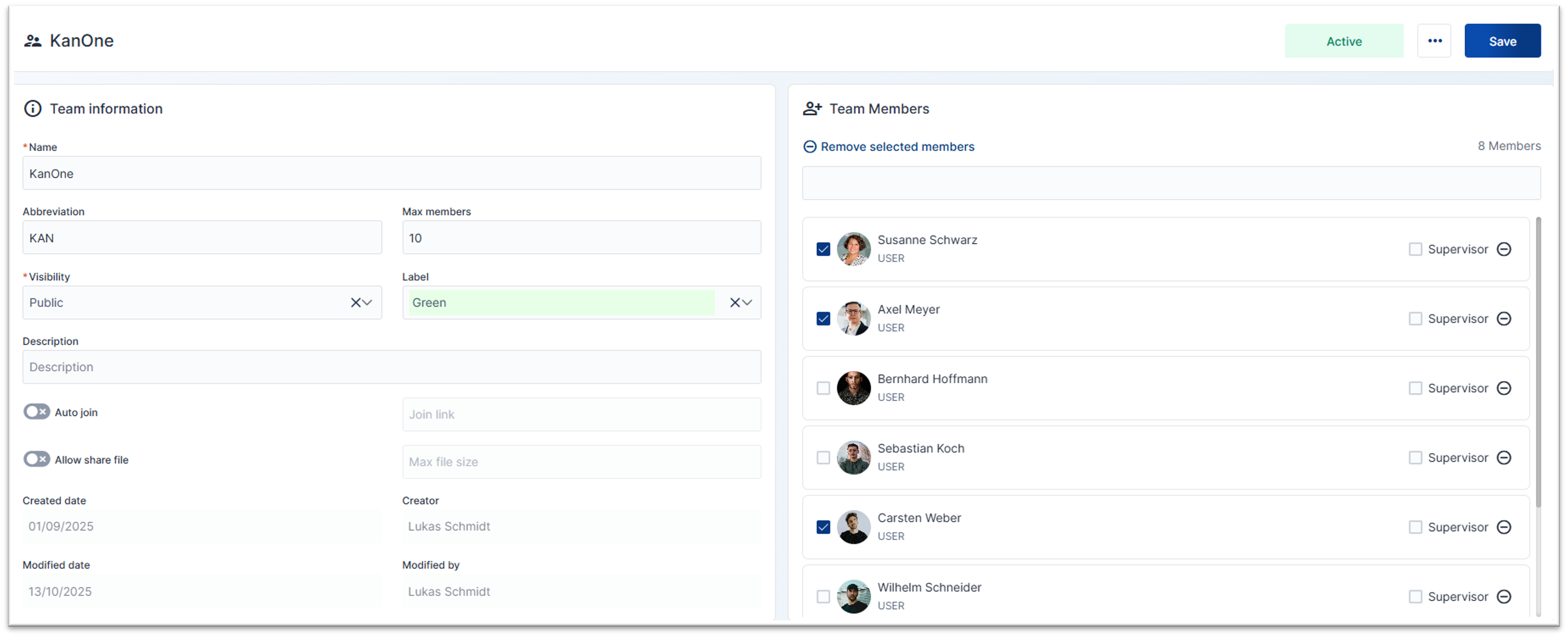 Der Screenshot der Team Übersicht in KanOne zeigt die Konfigurationsdetails und die Liste der Teammitglieder.