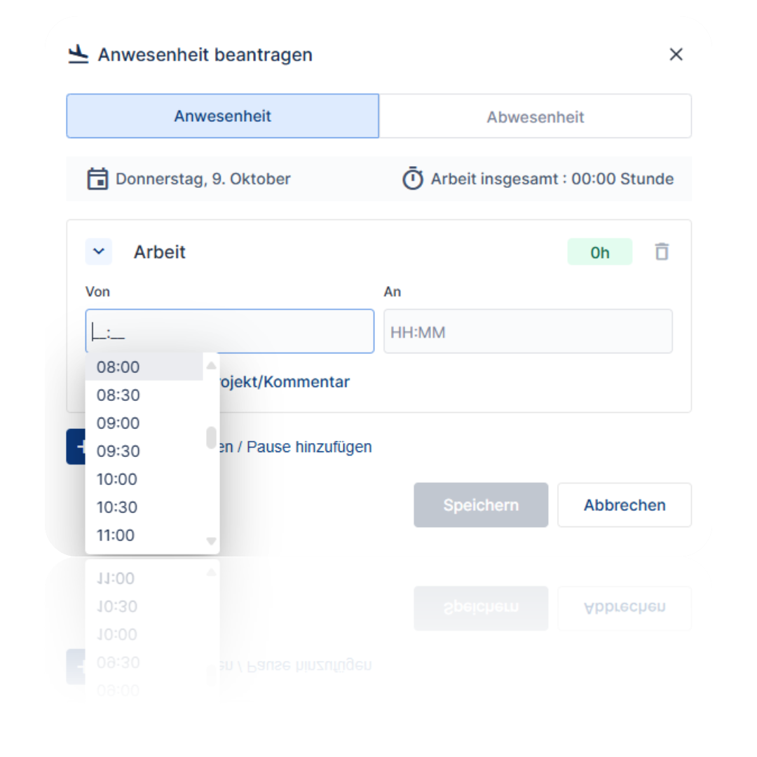 Screenshot des Anwesenheitsbeantragungsformulars in KAN-ONE, das eine einfache Zeiteingabe über Dropdown-Menüs im Rahmen der benutzerfreundlichen Oberfläche zeigt.