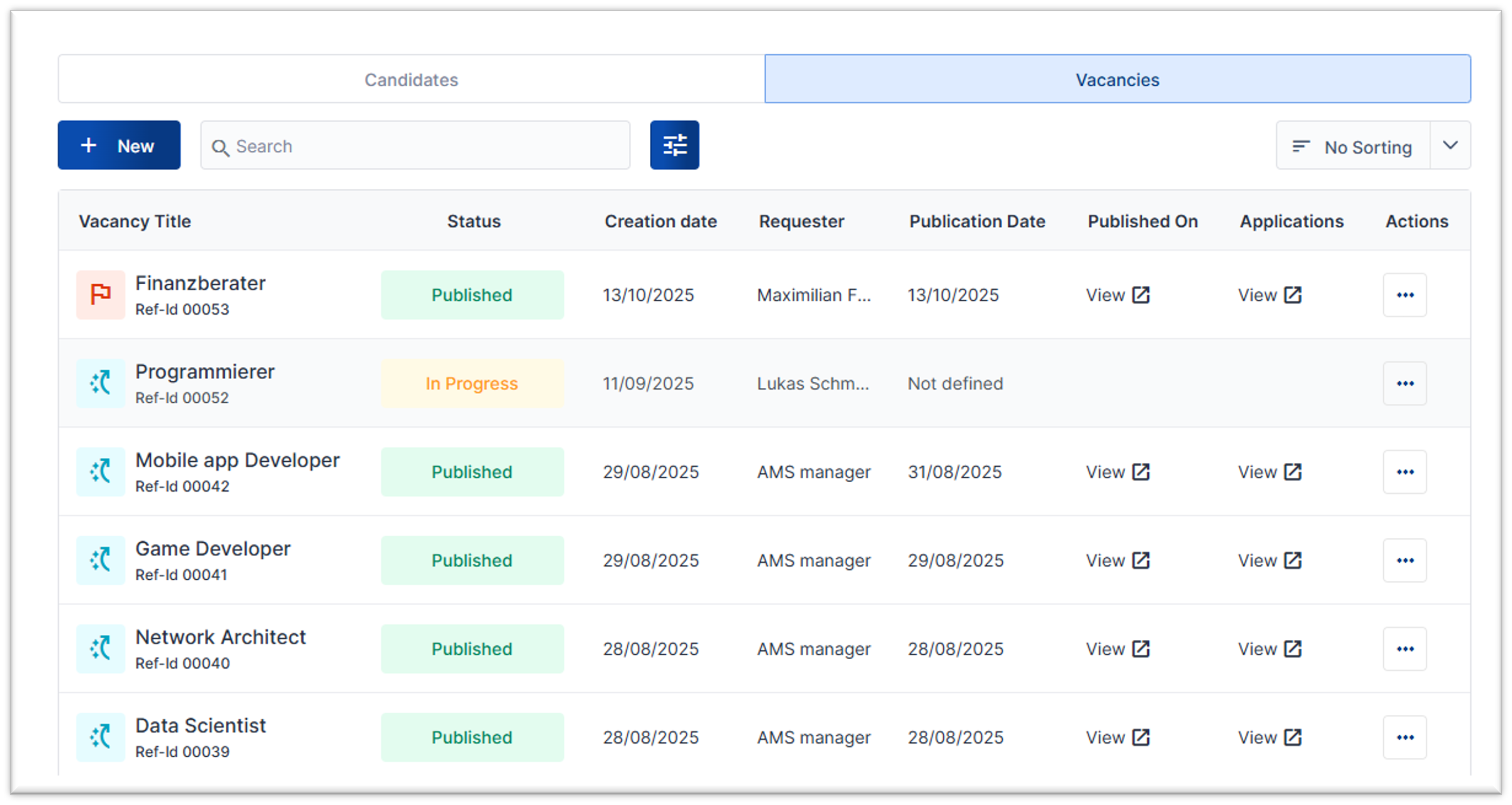 Screenshot der KAN-ONE 'Vacancies' Listenansicht, die offene Stellen wie 'Finanzberater' (Published) und 'Programmierer' (In Progress) mit Status, Erstellungsdatum und Referenznummer auflistet.