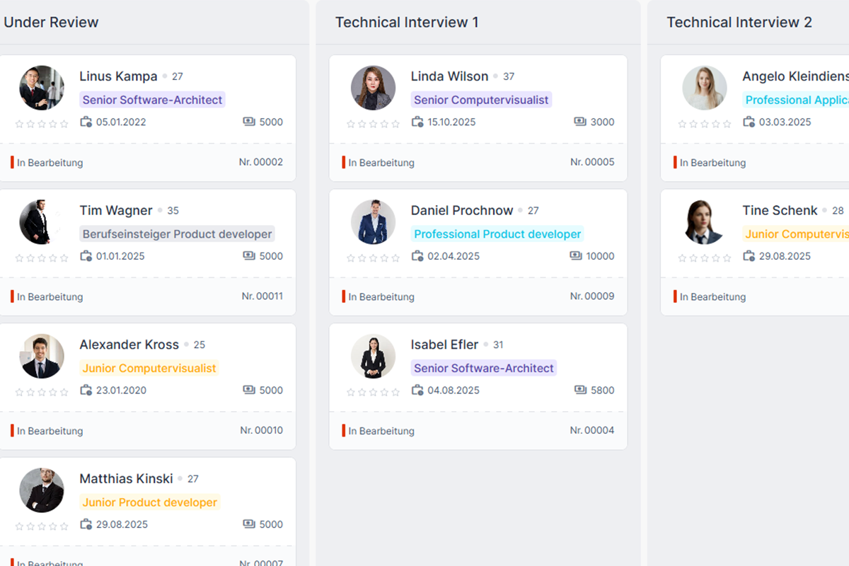 Der Screenshot stellt die zentrale Lösung für modernes Recruiting in einer Kanban-Ansicht mit KI-gestützten, DSGVO-konformen Kandidatenprofilen dar.