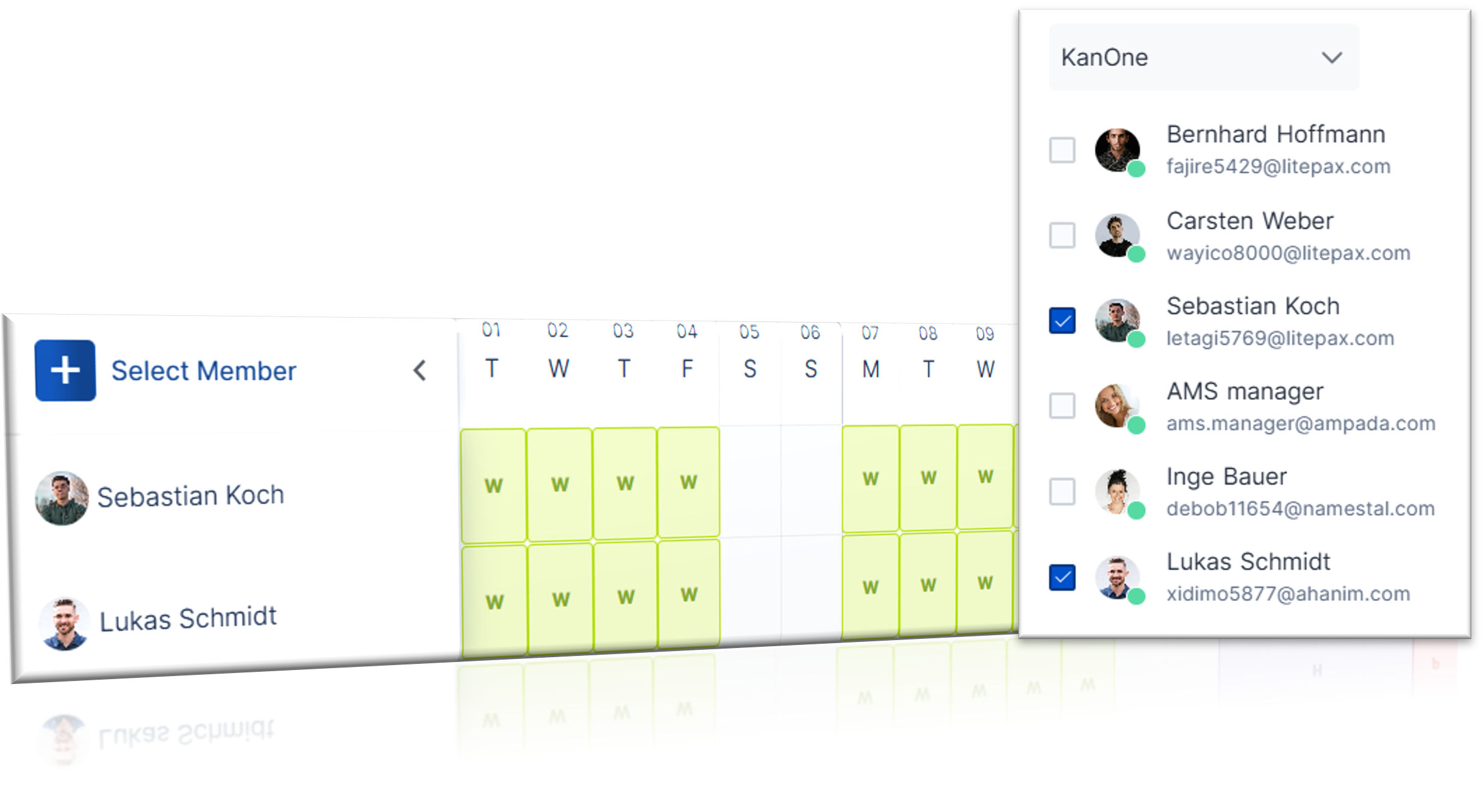 Der Screenshot der Team Übersicht visualisiert die Verfügbarkeit von Teammitgliedern (Arbeitszeiten/Abwesenheiten) und deren Kontaktdaten.