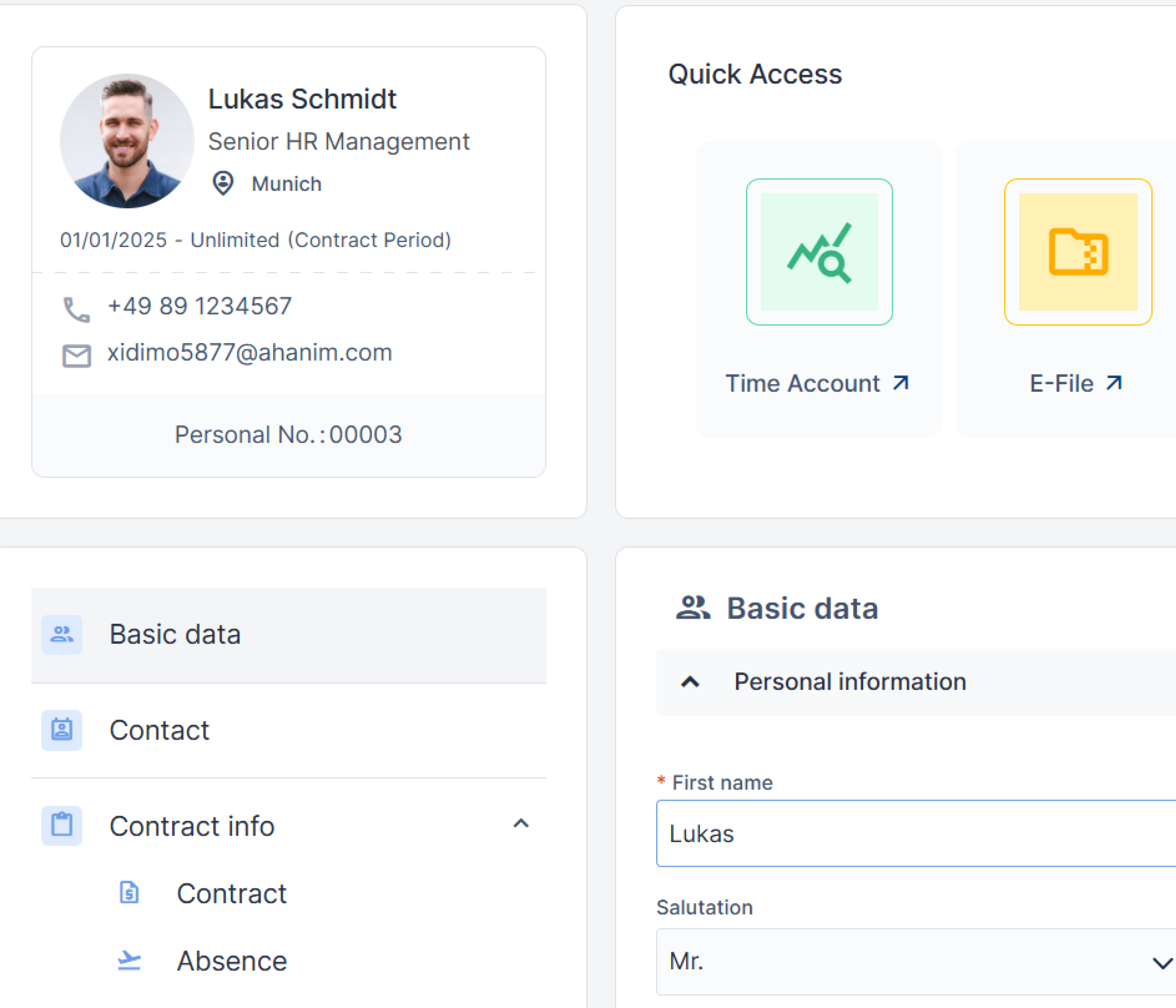 Screenshot einer Benutzeroberfläche für den Mitarbeiter Self Service (ESS), der die Funktionen zur Selbstverwaltung persönlicher Daten und Arbeitszeiten darstellt, inklusive Benutzerprofil und schneller Zugriffspunkte.