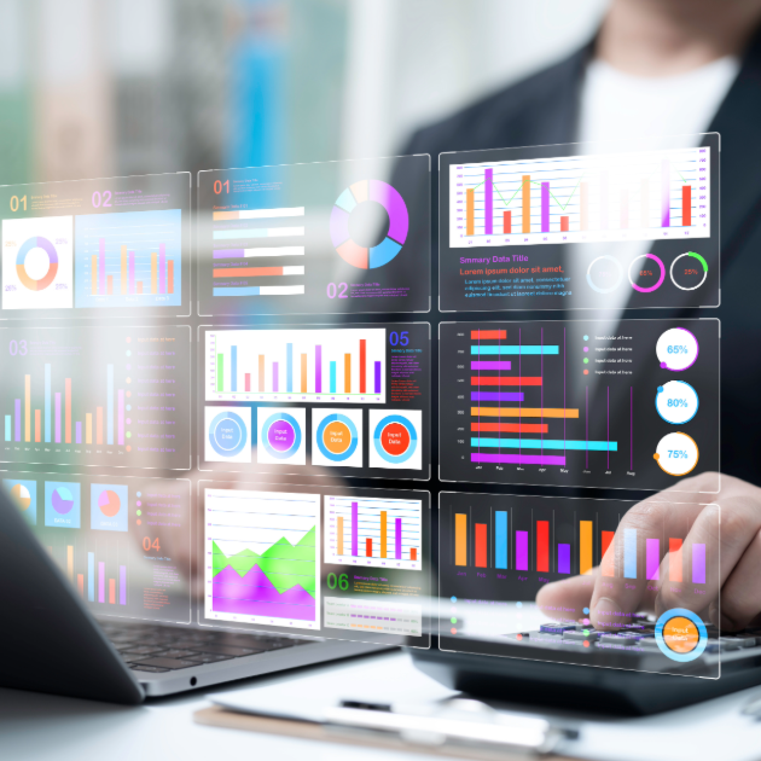 Interaktives, farbiges Dashboard mit verschiedenen Geschäftsgrafiken und Diagrammen, das die umfangreichen Berichts- und Analysefunktionen der Software visualisiert.
