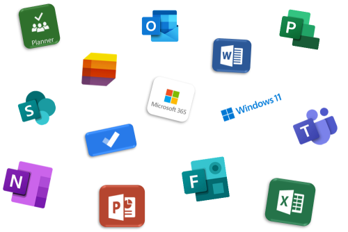 Zahlreiche Logos von Microsoft-Produkten, die Integration symbolisieren, darunter Microsoft 365, Windows 11, Outlook, Word, Excel, PowerPoint, Teams, SharePoint, Planner und OneNote.