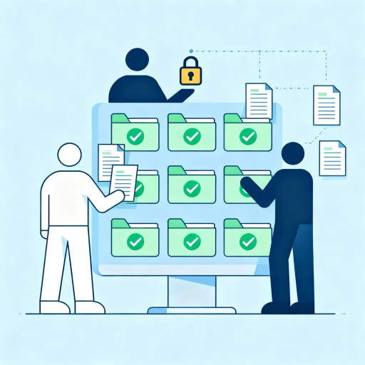 Digitales Teamwork mit sicherer und gezielter Dokumentenfreigabe für effiziente Zusammenarbeit, dargestellt durch Symbole von geteilten Ordnern, Dokumenten und Teammitgliedern in einem modernen Flat-Design.