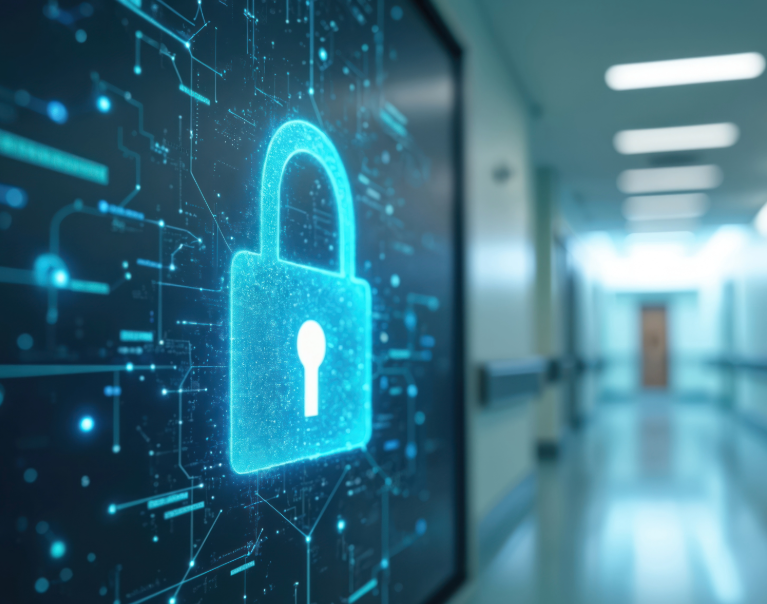 Das Bild eines leuchtenden digitalen Vorhängeschlosses über einer Datenspur symbolisiert die Sicherheit und Compliance von KAN-ONE durch ein Rollen- und Rechtemodell, transparente Audit Trails und DSGVO-Konformität.