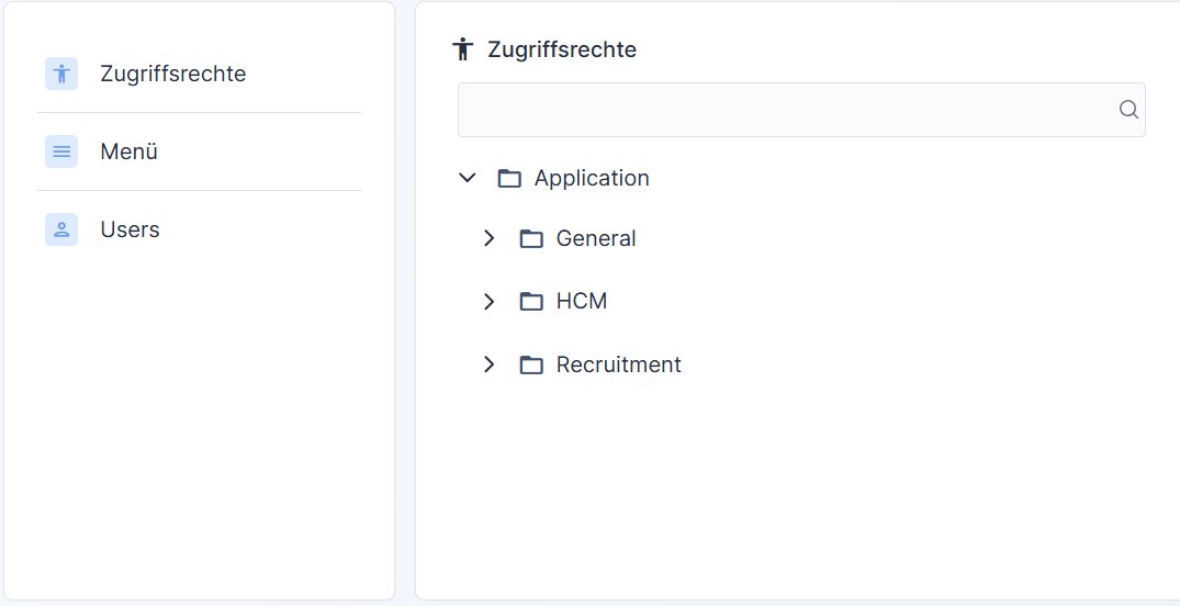 Verwaltungsansicht für 'Zugriffsrechte', die eine hierarchische Gliederung der Berechtigungen ('Application', 'HCM', 'Recruitment') zur Gewährleistung von Sicherheit und Vertrauen zeigt.