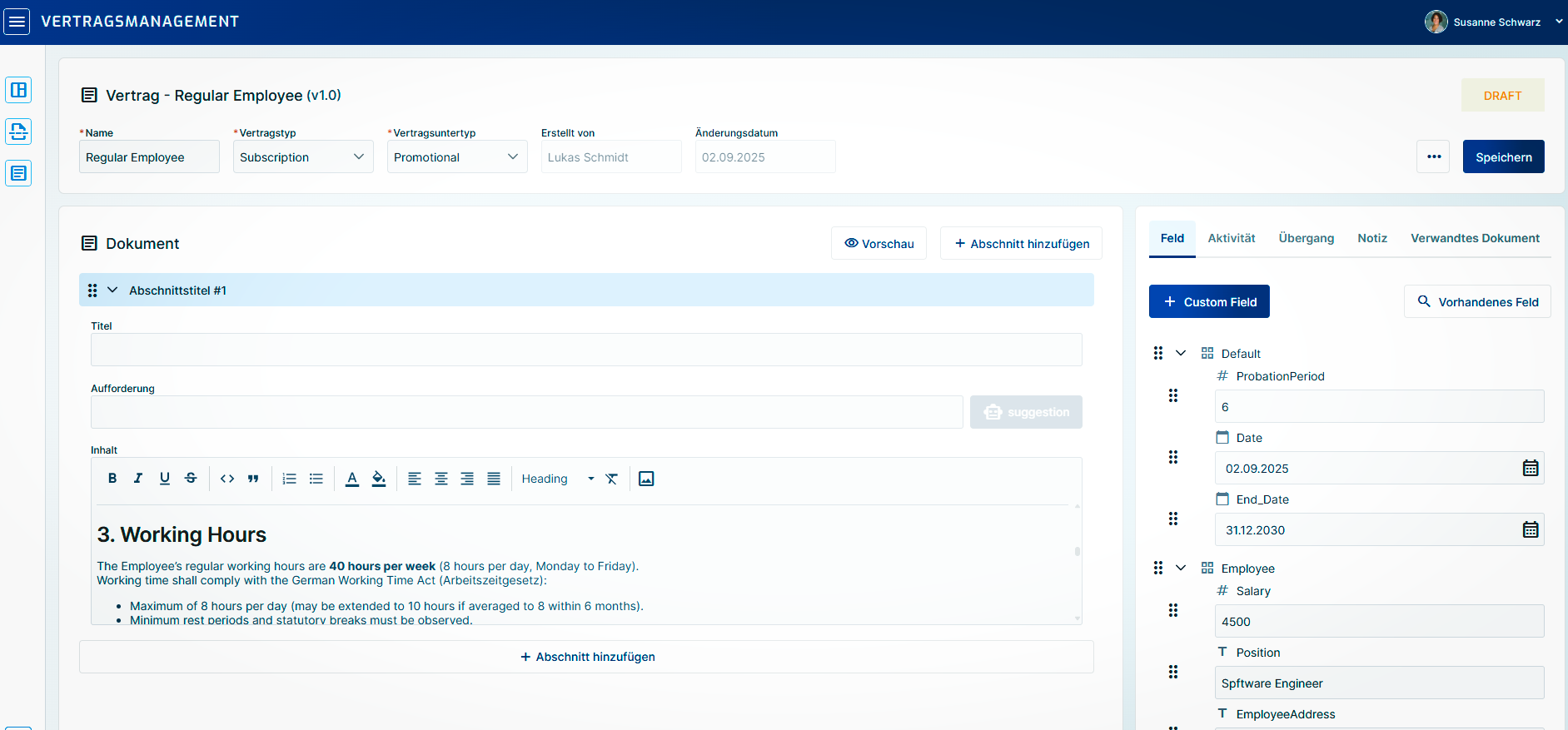 Benutzeroberfläche des Vertragsmanagements zur Bearbeitung der Vertragsdetails für einen regulären Mitarbeiter (Regular Employee).